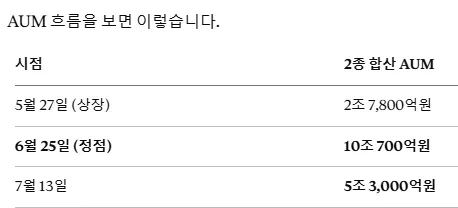 KODEX·TIGER 레버리지 ETF 2종 합산 순자산(AUM) 추이 — 5월 27일 상장 2조 7,800억원 → 6월 25일 정점 10조 700억원 → 7월 13일 5조 3,000억원